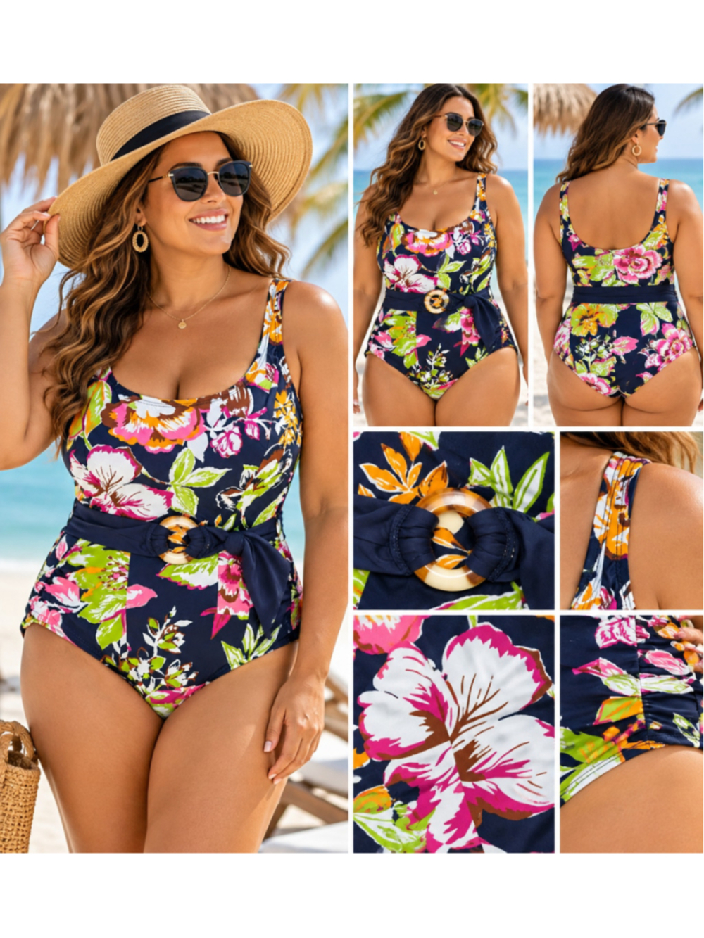 Anne Cole Floral One-Piece Swimsuit Size 18W Belted Tropical Navy Green